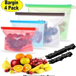 4 Pack Food Storage Silicone Bag Containers Microwaveable Reusable Ziplock
